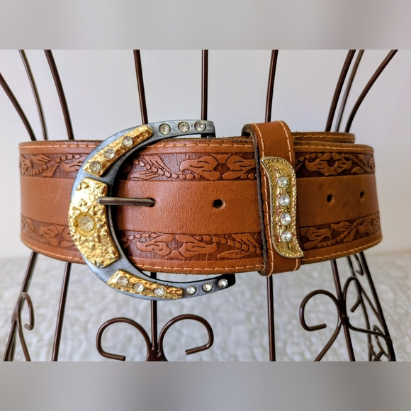 Western Accessories - Western Hand Tooled Leather Belt with Gold Buckle, NWOT